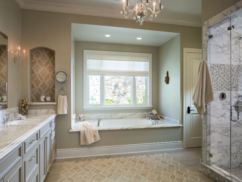elegant principal bathroom spa inspired chandelier tub dual vanity douglah designs