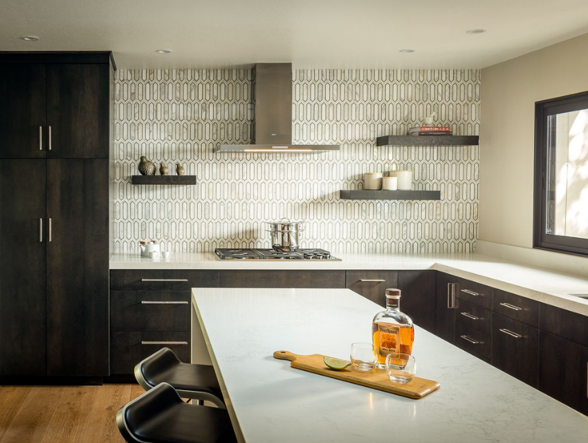 modern contemporary kitchen black white bay area vertical tile floating shelves